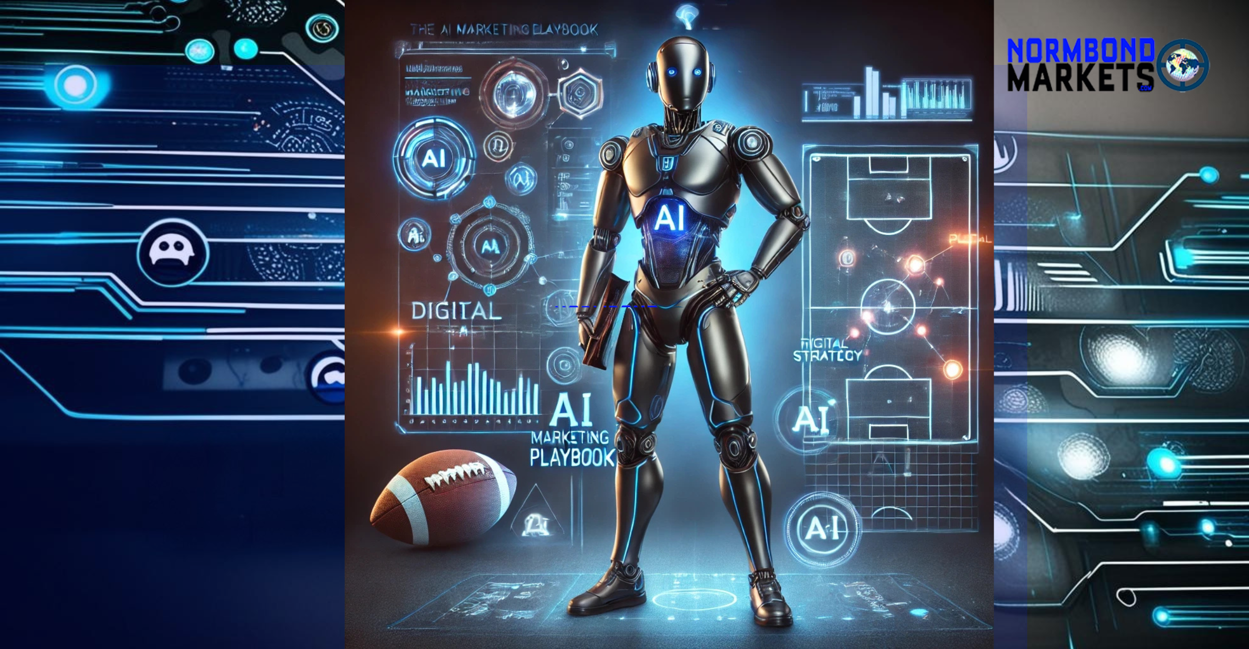 Futuristic robot holding AI marketing playbook surrounded by strategy graphics, football field overlay, and NormBondMarkets branding