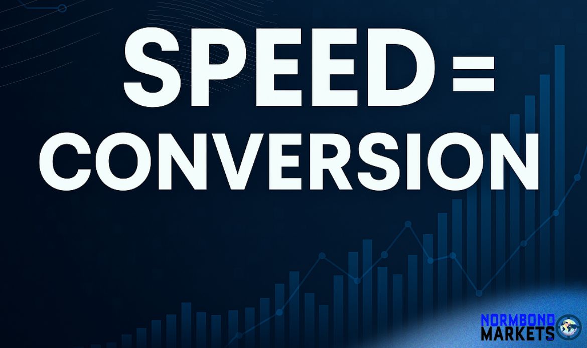Bold white text "SPEED = CONVERSION" over a dark tech-themed background with blue bar chart and circuit patterns, branded with NormBondMarkets.com