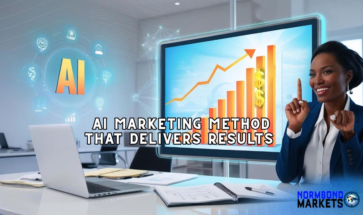 the AI marketing Businesswoman is pointing at a rising graph on screen with the text AI Marketing Method That Delivers Results, showcasing AI-powered growth strategy