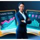 Confident entrepreneur standing in front of glowing AI marketing dashboards with charts and digital analytics, representing smart marketing strategies for small businesses.
