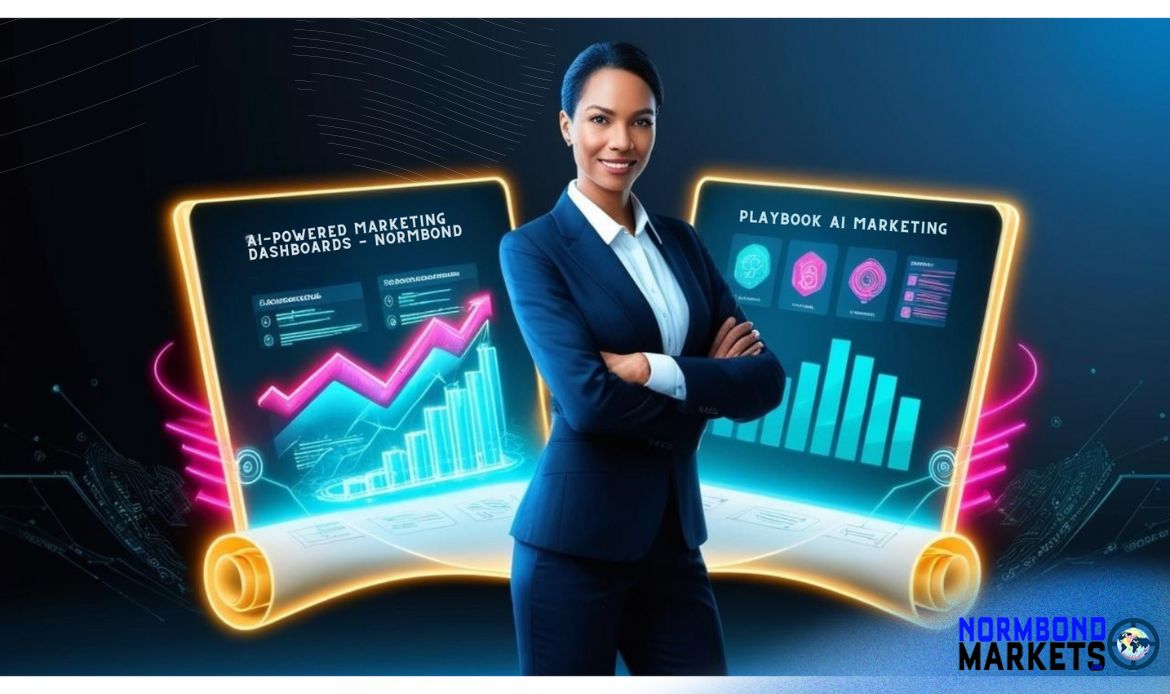 Confident entrepreneur standing in front of glowing AI marketing dashboards with charts and digital analytics, representing smart marketing strategies for small businesses.