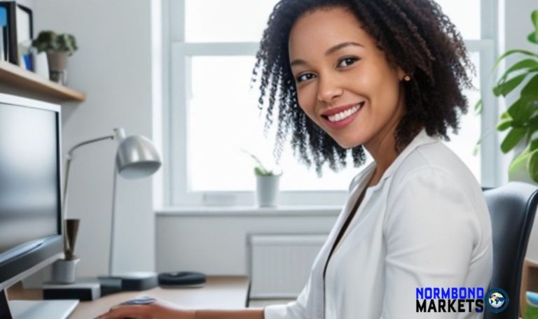 Smiling Black female entrepreneur at her desk, representing a success story of AI adoption in business, branded with NormBond Markets logo.