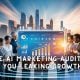 AI Marketing Audit in action, Business professionals analyzing AI-powered marketing audit dashboard with digital growth charts in a city background