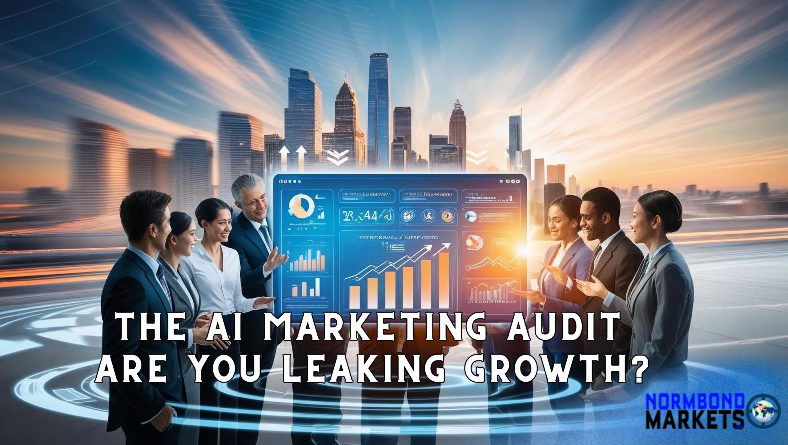 AI Marketing Audit in action, Business professionals analyzing AI-powered marketing audit dashboard with digital growth charts in a city background