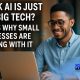 Young Black entrepreneur using AI tools on a laptop, with digital graphics and headline text: “Think AI Is Just for Big Tech? Here’s Why Small Businesses Are Winning with It”