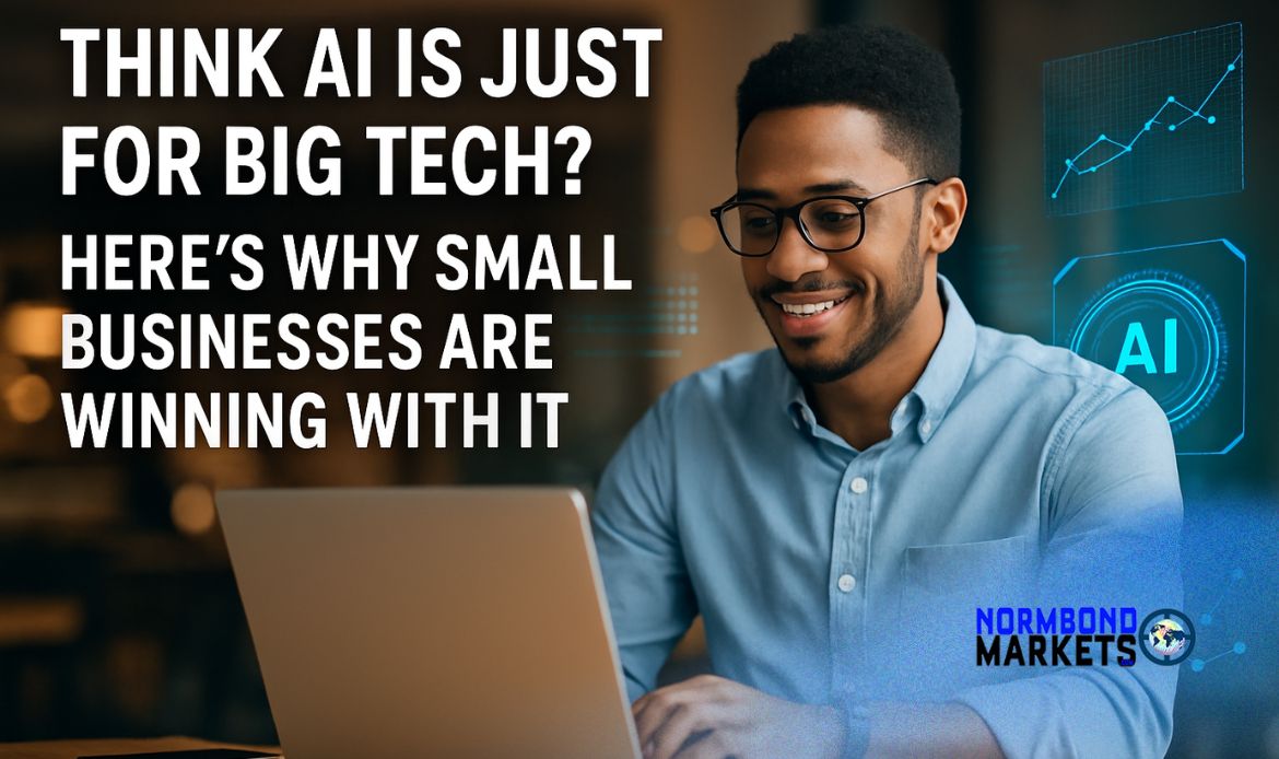 Young Black entrepreneur using AI tools on a laptop, with digital graphics and headline text: “Think AI Is Just for Big Tech? Here’s Why Small Businesses Are Winning with It”