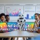 Group of diverse entrepreneurs learning AI marketing strategies with robot assistant and digital screens – NormBondMarkets
