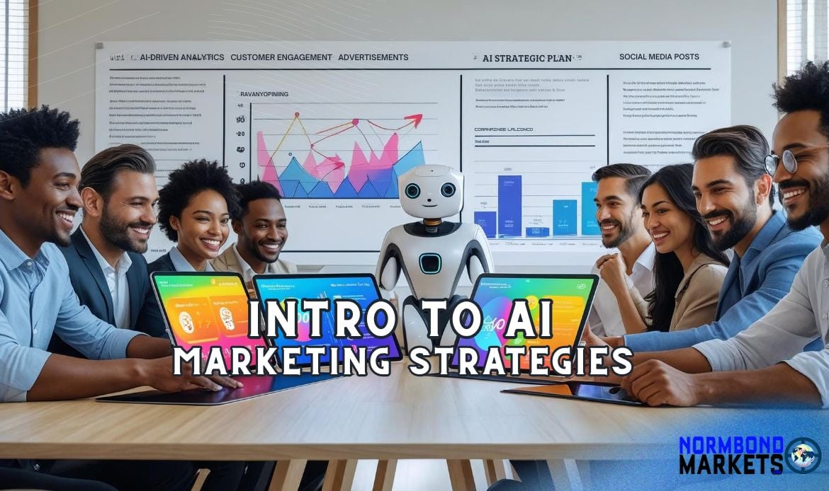 Group of diverse entrepreneurs learning AI marketing strategies with robot assistant and digital screens – NormBondMarkets