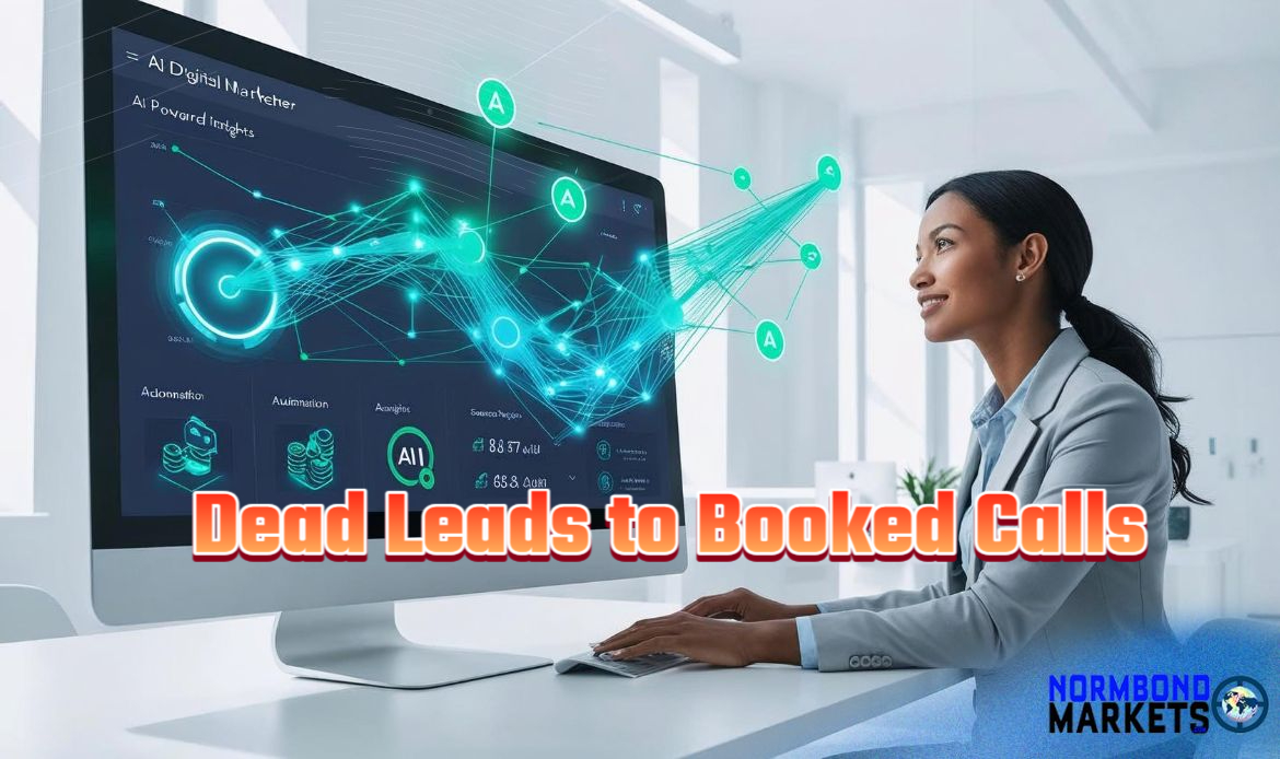 A smiling professional woman uses an AI-powered marketing dashboard to revive dead leads, representing the transformation from cold leads to booked calls.