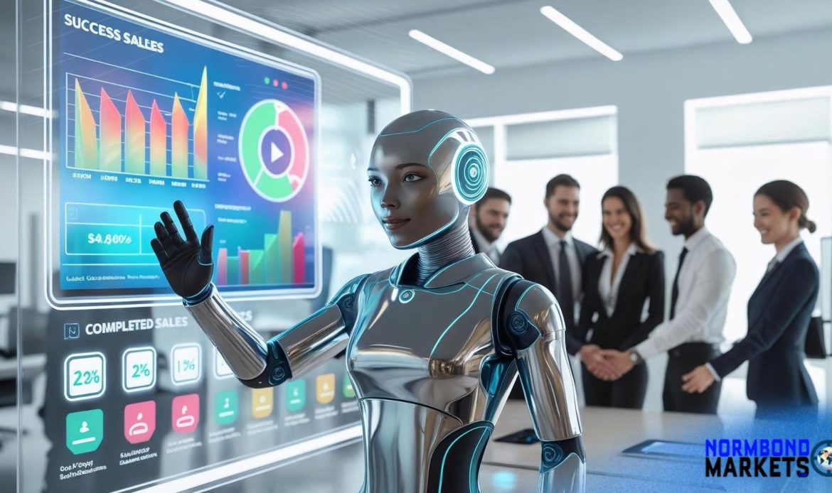 AI assistant interacting with sales dashboards while a business team collaborates in the background — visual for AI Chatbots & Automations by NormBondMarkets.