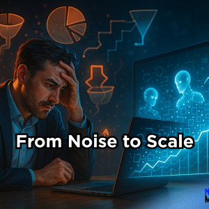A stressed founder on a Zoom call surrounded by chaotic charts and burning cash icons, while glowing AI agents transform the chaos into a rising growth graph.