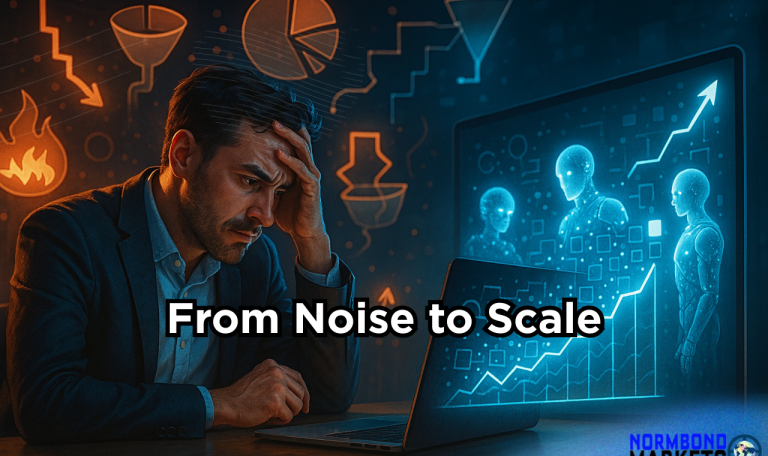 A stressed founder on a Zoom call surrounded by chaotic charts and burning cash icons, while glowing AI agents transform the chaos into a rising growth graph.