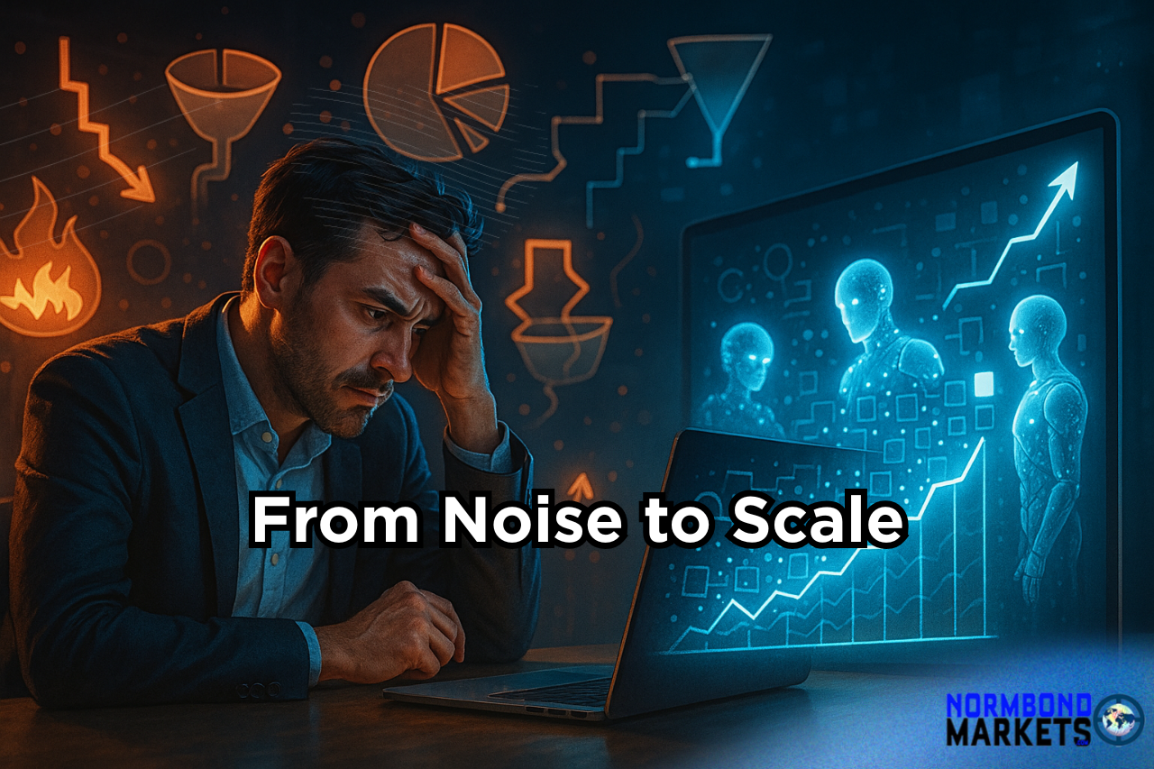 A stressed founder on a Zoom call surrounded by chaotic charts and burning cash icons, while glowing AI agents transform the chaos into a rising growth graph.