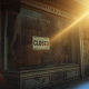 A weathered storefront with a 'Closed' sign hanging in the window, sunlight spilling across the dusty glass—symbolizing missed opportunities and business transformation.