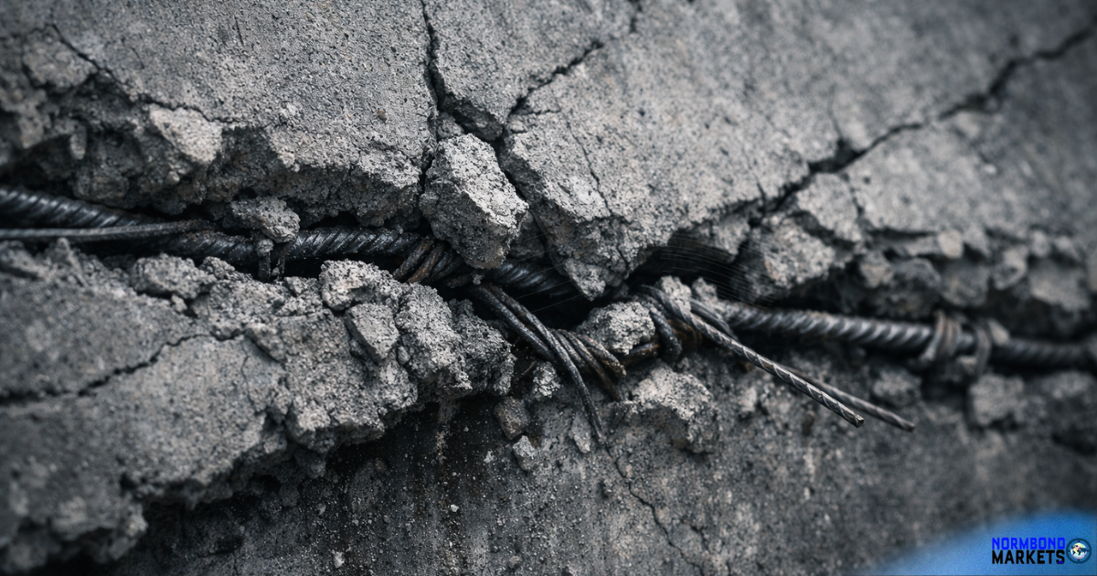 Cracked concrete under structural tension with exposed rebar, symbolizing decision hardening under pressure in AI startups.