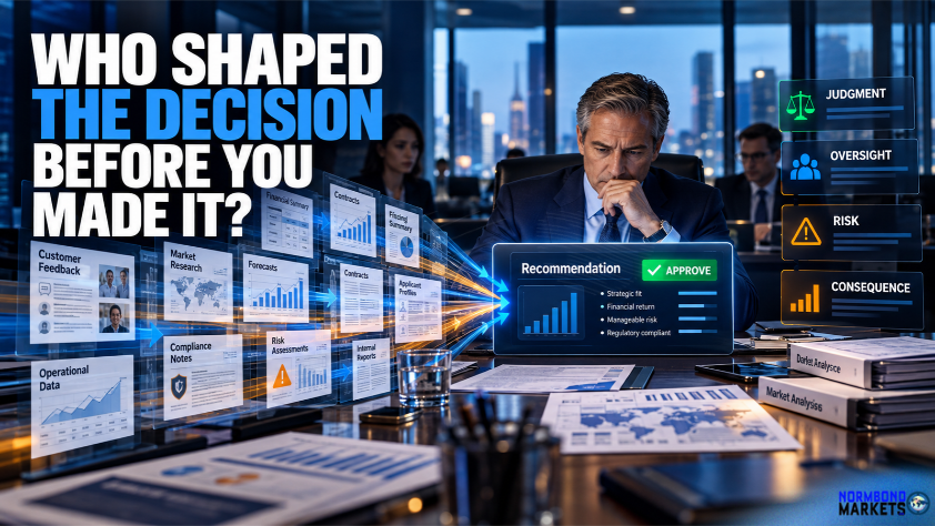 Senior executive reviewing an AI-shaped business recommendation after multiple layers of financial reports, customer feedback, forecasts, and risk assessments have been filtered and summarized.
