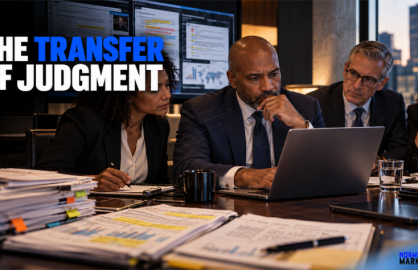 Executive leadership team reviewing an AI-prepared recommendation and supporting evidence before a consequential human approval decision.