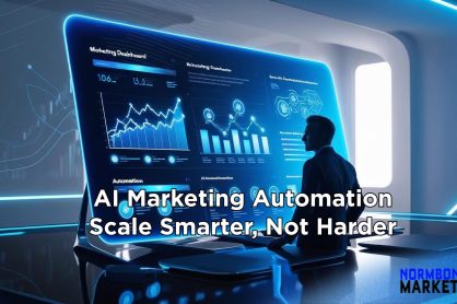 Futuristic dashboard showing AI marketing automation analytics with entrepreneur observing smart business growth metrics.