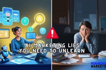 the AI marketing challenge represented by showing a happy marketer using AI tools and a stressed founder surrounded by paperwork, highlighting AI marketing misconceptions.
