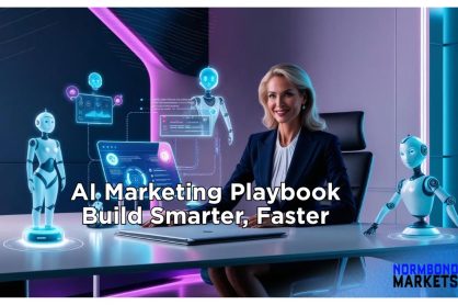 Professional woman using futuristic AI tools for marketing automation in a modern office, with holographic screens and humanoid robots, representing the AI Marketing Playbook