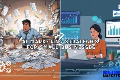 AI marketing strategies for small businesses represented in split-screen illustration of a stressed entrepreneur buried in paperwork vs. a focused businesswoman using AI dashboards, symbolizing AI marketing strategies for small businesses.