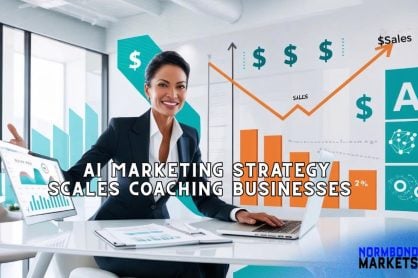 The AI marketing strategy of a Confident business coach using AI marketing to grow sales with data dashboards and performance charts in background.