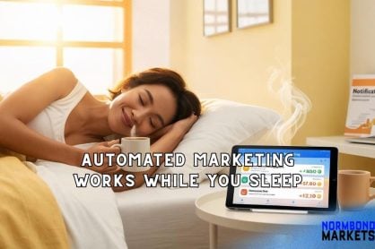 automated marketing works while you sleep with woman peacefully resting in bed while automated marketing dashboard runs in the background