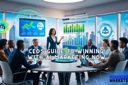 AI marketing on display as CEO presents AI marketing strategies to executive team in futuristic boardroom