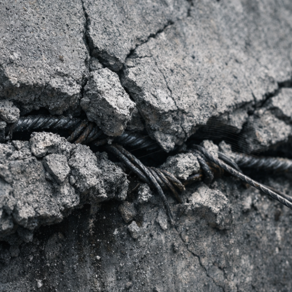 Cracked concrete under structural tension with exposed rebar, symbolizing decision hardening under pressure in AI startups.