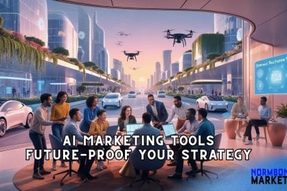 Entrepreneurs using AI marketing tools in a futuristic smart city workspace