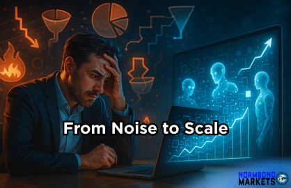A stressed founder on a Zoom call surrounded by chaotic charts and burning cash icons, while glowing AI agents transform the chaos into a rising growth graph.