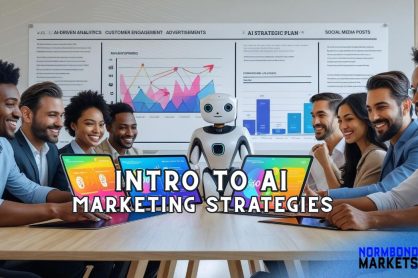 Group of diverse entrepreneurs learning AI marketing strategies with robot assistant and digital screens – NormBondMarkets