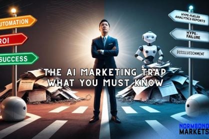 AI marketing illustrated with Businessperson and robot standing between AI marketing outcomes—success vs hype—with road signs pointing to ROI, failure, and disillusionment.