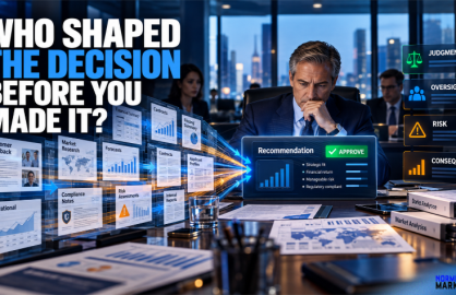 Senior executive reviewing an AI-shaped business recommendation after multiple layers of financial reports, customer feedback, forecasts, and risk assessments have been filtered and summarized.