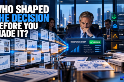 Senior executive reviewing an AI-shaped business recommendation after multiple layers of financial reports, customer feedback, forecasts, and risk assessments have been filtered and summarized.