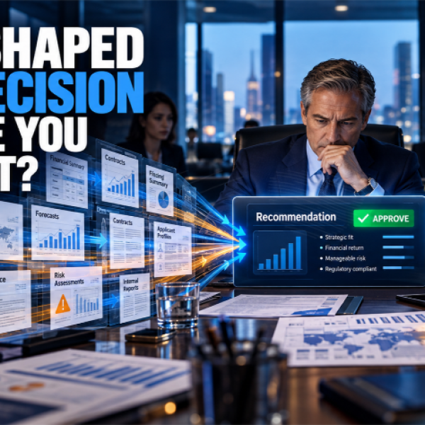 Senior executive reviewing an AI-shaped business recommendation after multiple layers of financial reports, customer feedback, forecasts, and risk assessments have been filtered and summarized.