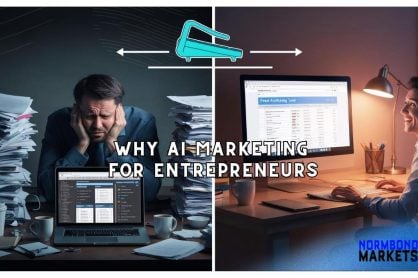 AI Marketing Solutions illustrated with Split-screen showing stressed entrepreneur with paper stacks vs. smiling professional using AI marketing tools on a clean desktop.
