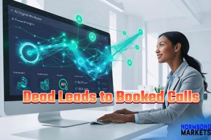 A smiling professional woman uses an AI-powered marketing dashboard to revive dead leads, representing the transformation from cold leads to booked calls.