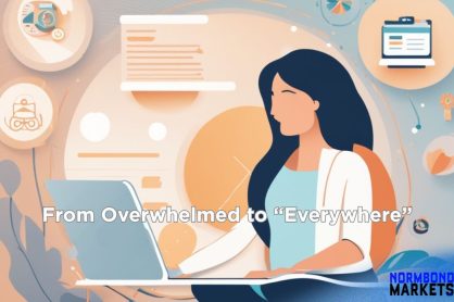 Illustration of a female wellness coach using a laptop surrounded by AI-powered content elements, representing her growth from overwhelmed to a daily online presence.