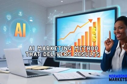 the AI marketing Businesswoman is pointing at a rising graph on screen with the text AI Marketing Method That Delivers Results, showcasing AI-powered growth strategy